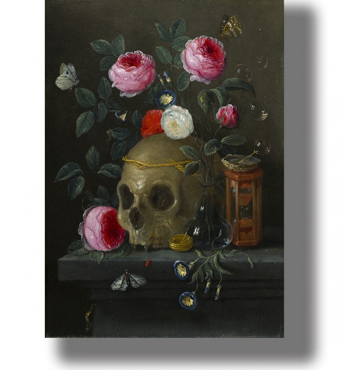 Vanitas still life with a human skull, flowers, hourglass, soap bubbles, butterflies, and insects.