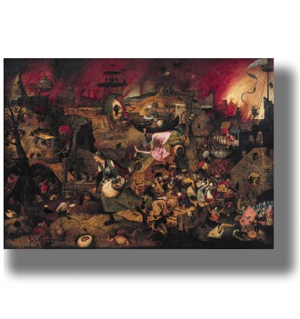 Dark surreal painting by Pieter Bruegel showing Mad Meg marching through a hellish landscape.