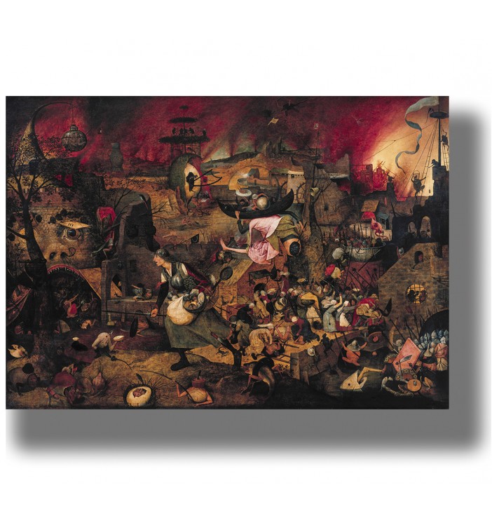 Dark surreal painting by Pieter Bruegel showing Mad Meg marching through a hellish landscape.