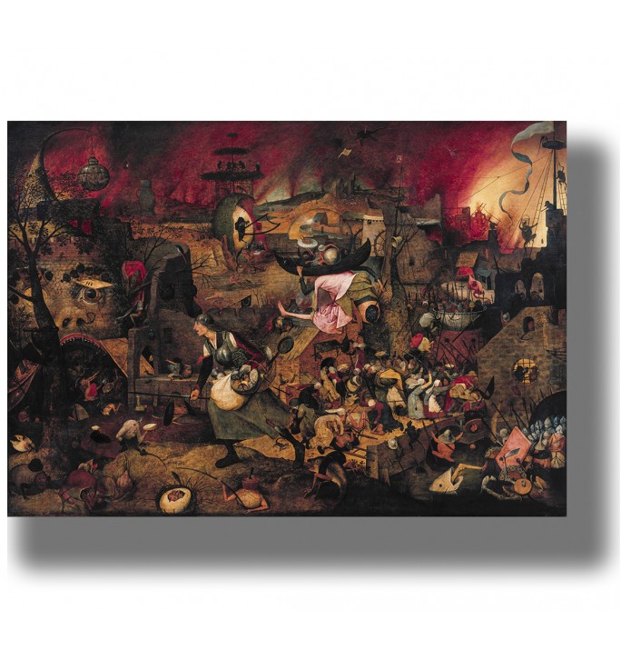 Dark surreal painting by Pieter Bruegel showing Mad Meg marching through a hellish landscape.