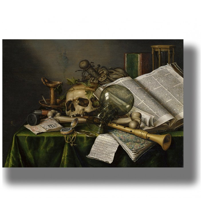 Vintage vanitas still life print with a skull, open books, hourglass, flute, magnifying glass on a green table.