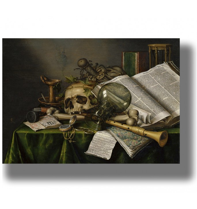Vintage vanitas still life print with a skull, open books, hourglass, flute, magnifying glass on a green table.
