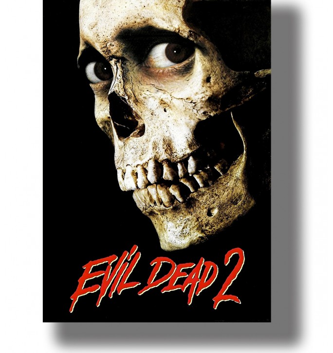 Evil Dead 2 poster showing a weathered skull with human eyes in the sockets, black background and red title lettering