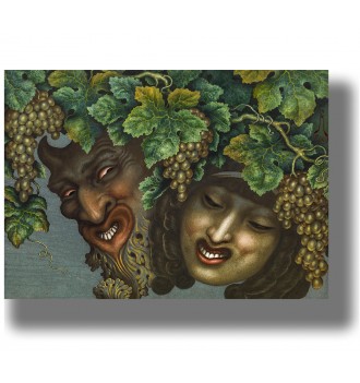 Close-up of a satyr and Bacchante beneath grapevines with large green leaves and clusters of grapes