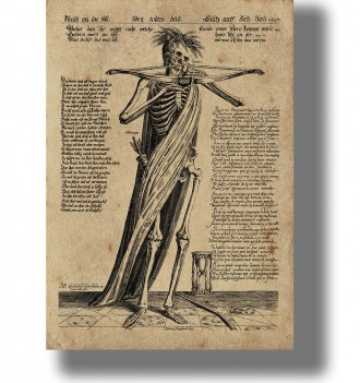 Old engraving showing a skeleton holding a bow and arrow beside an hourglass and surrounded by text.