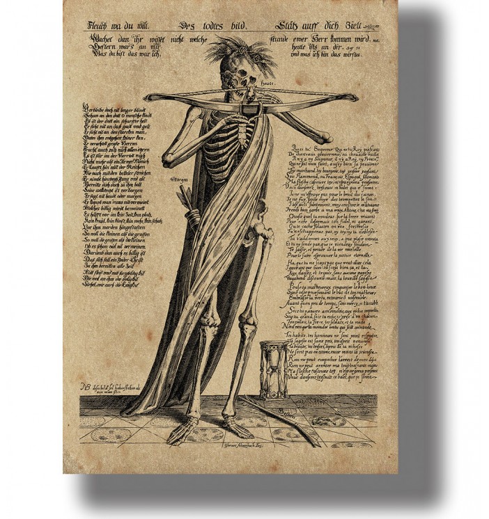 Old engraving showing a skeleton holding a bow and arrow beside an hourglass and surrounded by text.