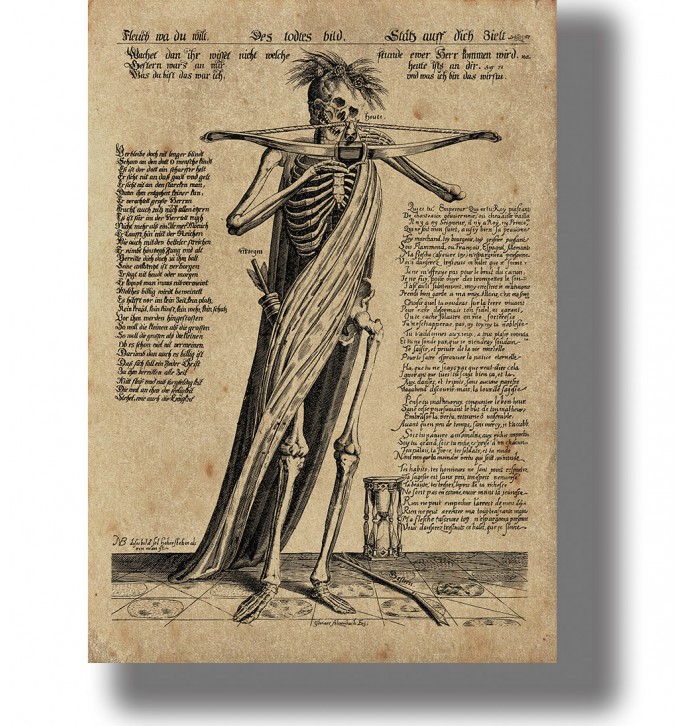 Old engraving showing a skeleton holding a bow and arrow beside an hourglass and surrounded by text.