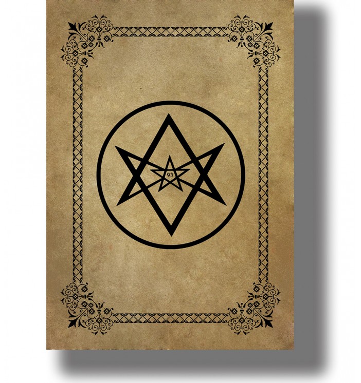 Black unicursal hexagram inside a circle with a small central pentagram marked 93 on an aged parchment background.