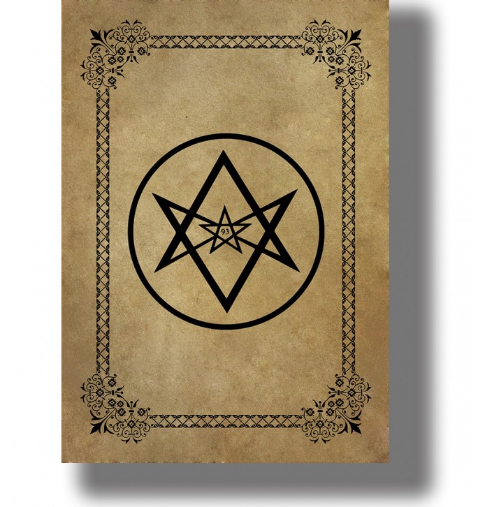 Black unicursal hexagram inside a circle with a small central pentagram marked 93 on an aged parchment background.