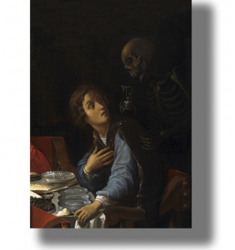 Baroque painting showing a skeleton holding an hourglass behind a frightened man seated at a dinner table.