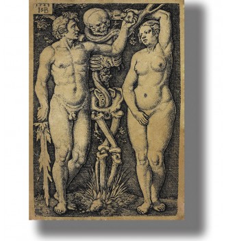 Adam and Eve standing beside a skeleton in place of the Tree of Knowledge, with a serpent and apple above them.