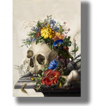 Vanitas still life with a human skull surrounded by flowers, a butterfly, sheet music, and a candle.