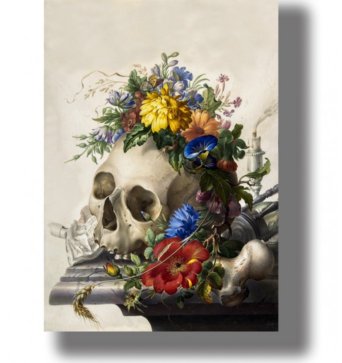 Vanitas still life with a human skull surrounded by flowers, a butterfly, sheet music, and a candle.