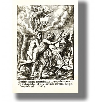 Old engraving of Adam and Eve leaving Paradise as an angel appears above and a skeleton with a scythe stands beside them