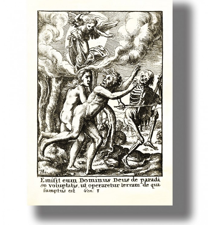 Old engraving of Adam and Eve leaving Paradise as an angel appears above and a skeleton with a scythe stands beside them