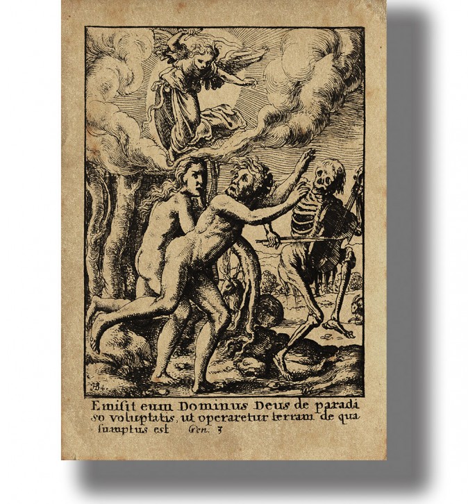 Old engraving of Adam and Eve leaving Paradise as an angel appears above and a skeleton with a scythe stands beside them