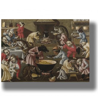 Grotesque medieval kitchen scene with anthropomorphic animals and strange figures cooking around a large cauldron