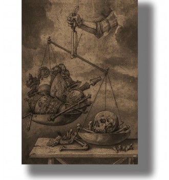 Skull and bones weighed against armor and symbols of power on a balance scale.
