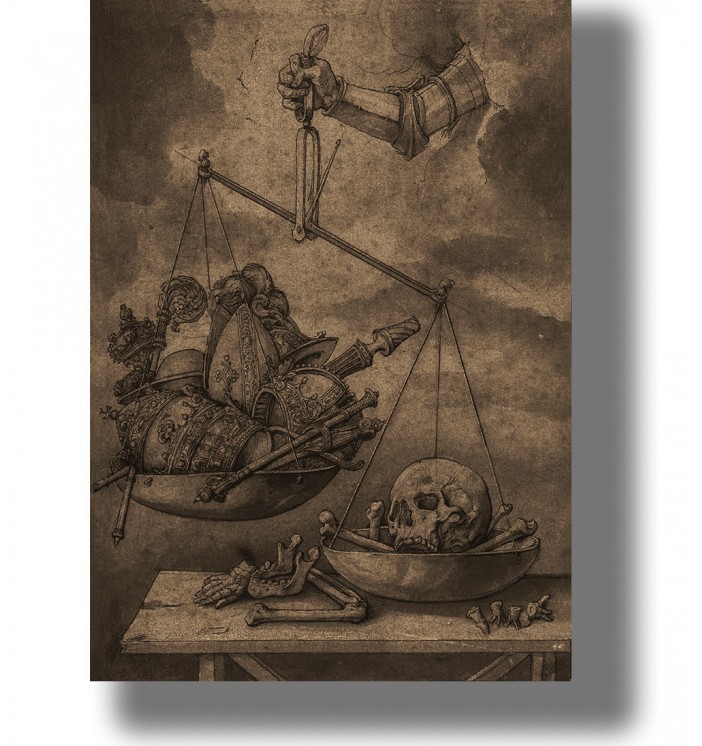 Skull and bones weighed against armor and symbols of power on a balance scale.