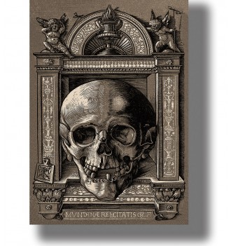 Old funerary illustration showing a large human skull inside an ornate architectural frame.