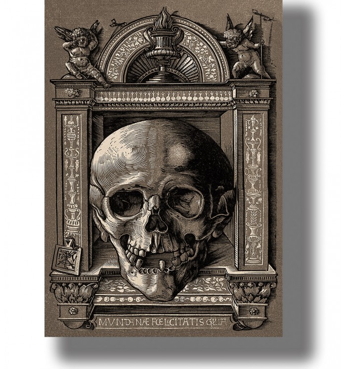 Old funerary illustration showing a large human skull inside an ornate architectural frame.