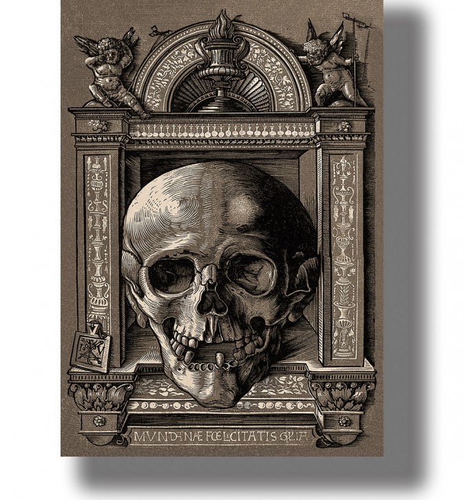 Old funerary illustration showing a large human skull inside an ornate architectural frame.