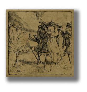 Old black and white print with skeletons on stilts, moving like a strange parade in an open field.