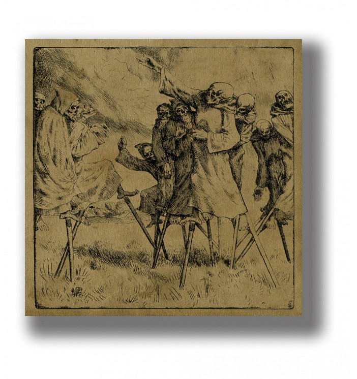 Old black and white print with skeletons on stilts, moving like a strange parade in an open field.