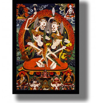 Tibetan Buddhist illustration showing two dancing Citipati skeletons surrounded by ritual figures and ornaments.