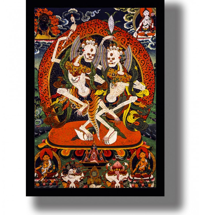 Tibetan Buddhist illustration showing two dancing Citipati skeletons surrounded by ritual figures and ornaments.