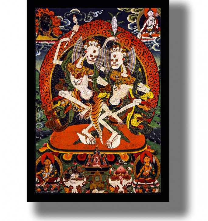 Tibetan Buddhist illustration showing two dancing Citipati skeletons surrounded by ritual figures and ornaments.