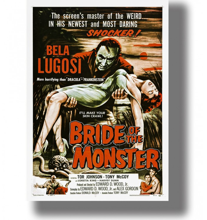 Vintage horror poster showing Bela Lugosi holding a woman, with bold red title text and a dark swamp-like background.