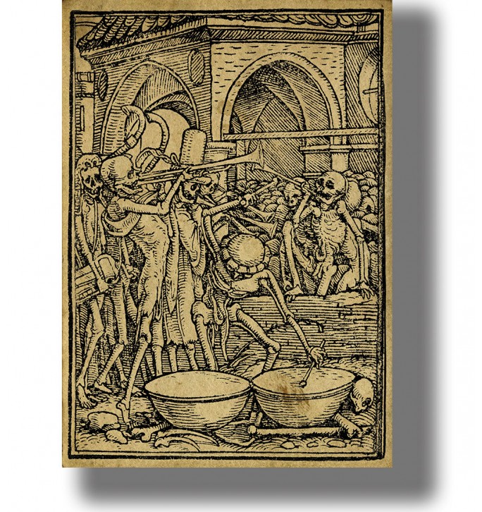 Vintage black-and-white illustration of dancing skeletons playing trumpets and drums in a medieval courtyard.