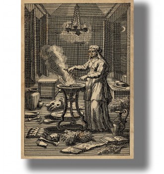 Old engraving of a witch casting a spell over a smoking cauldron in a room filled with books, herbs, and bones.