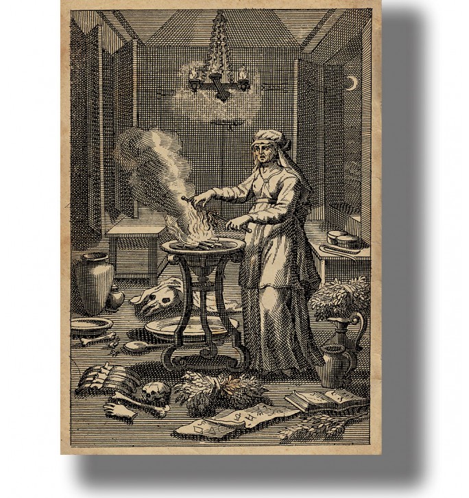 Old engraving of a witch casting a spell over a smoking cauldron in a room filled with books, herbs, and bones.