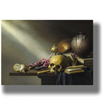 Old vanitas still life print with a skull, books, shell, musical instruments, and a vase on a dark table under a beam of light.