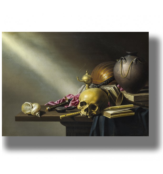 Old vanitas still life print with a skull, books, shell, musical instruments, and a vase on a dark table under a beam of light.