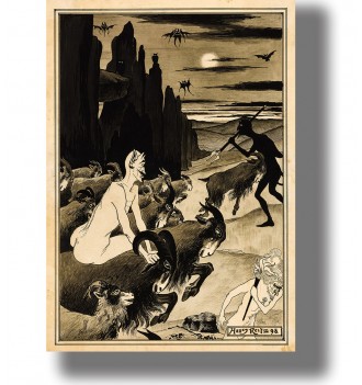 Dark illustration of devils, goats, and flying creatures in a night landscape.