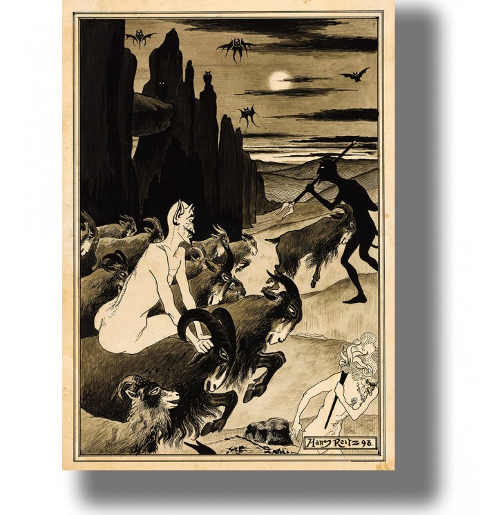 Dark illustration of devils, goats, and flying creatures in a night landscape.