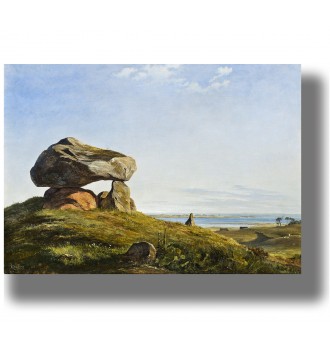 Large ancient stone formation on a grassy hill near the sea under a clear sky, Nordic landscape wall art.