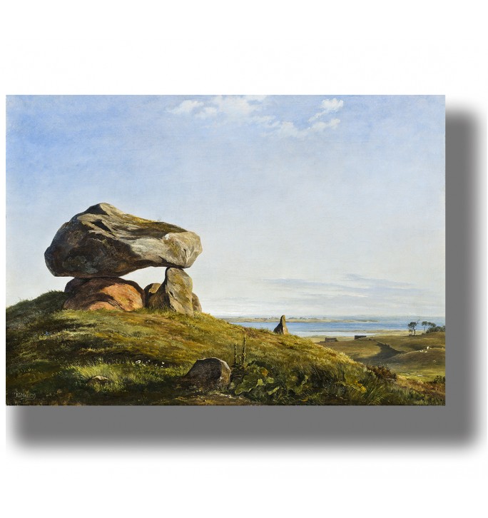 Large ancient stone formation on a grassy hill near the sea under a clear sky, Nordic landscape wall art.