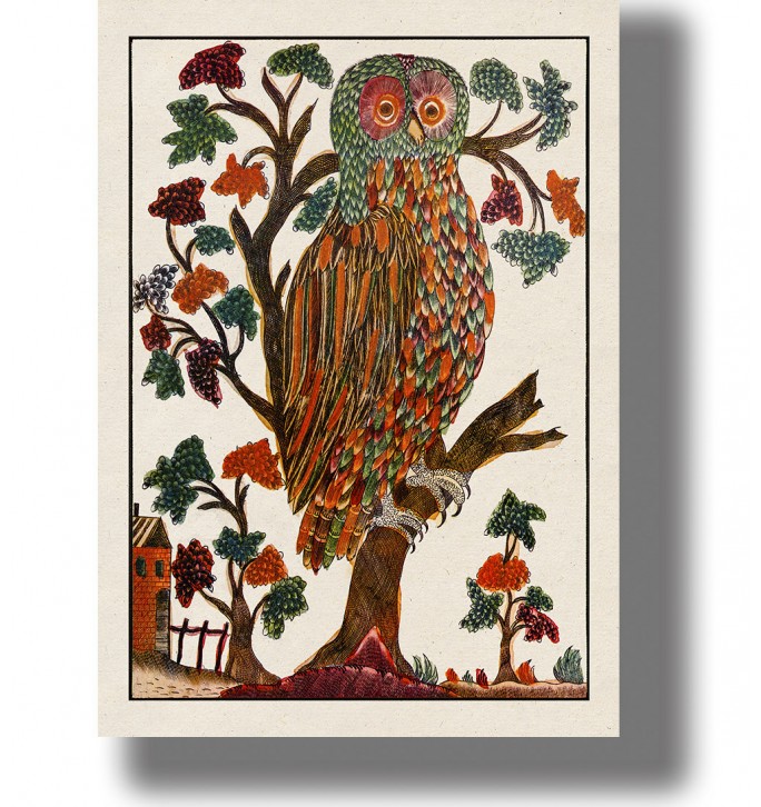 Colorful owl sitting in a tree – Russian folk illustration