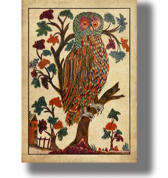 Colorful owl sitting in a tree – Russian folk illustration