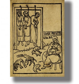 Old English woodcut showing three accused witches hanging in Essex, with Joan Prentice and familiar animals below.