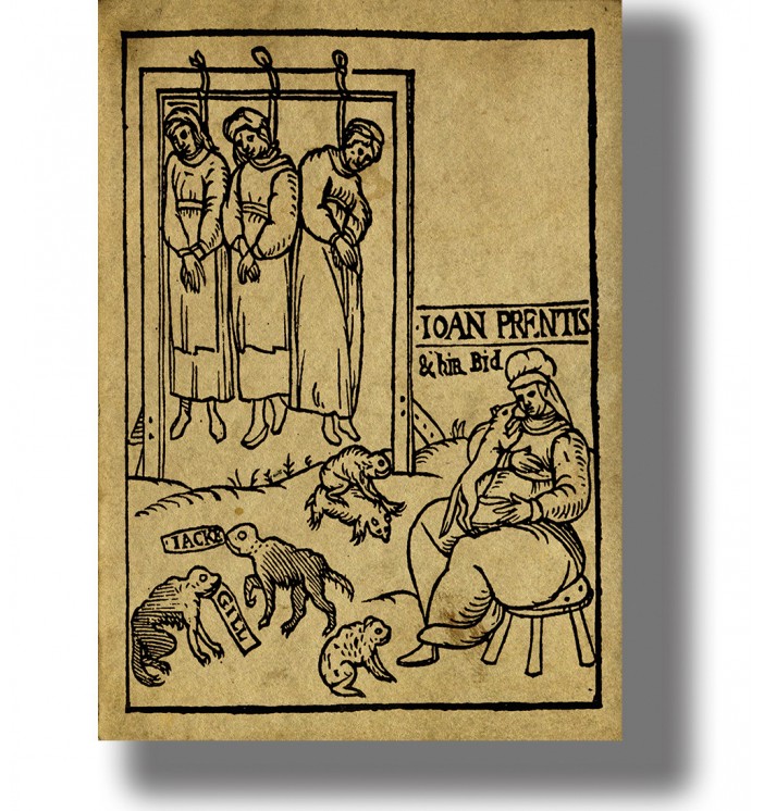 Old English woodcut showing three accused witches hanging in Essex, with Joan Prentice and familiar animals below.