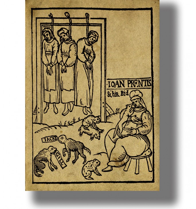 Old English woodcut showing three accused witches hanging in Essex, with Joan Prentice and familiar animals below.