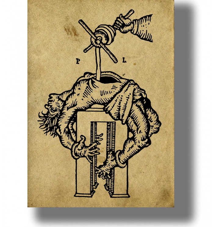 Old engraving of a tortured man bent over a torture device in a Spanish Inquisition scene