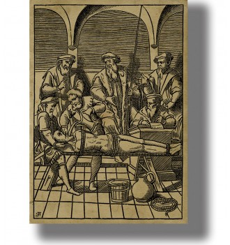 Macabre historical illustration of a prisoner on a torture bench surrounded by men in an old interior