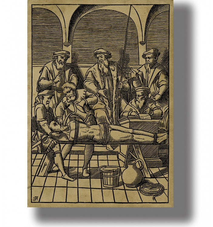 Macabre historical illustration of a prisoner on a torture bench surrounded by men in an old interior