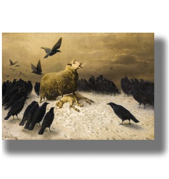 Gothic animal scene with a grieving sheep and crows gathered around on a pale ground under a cloudy sky.